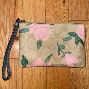 Coach Tan and Pink Floral Wristlet Clutch